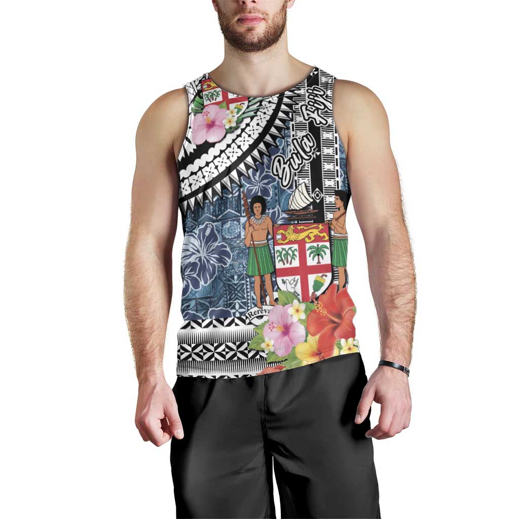 Fiji Day Men Tank Top Traditional Tapa with Hibiscus and Emblems