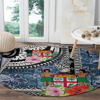 Fiji Day Round Carpet Traditional Tapa with Hibiscus and Emblems