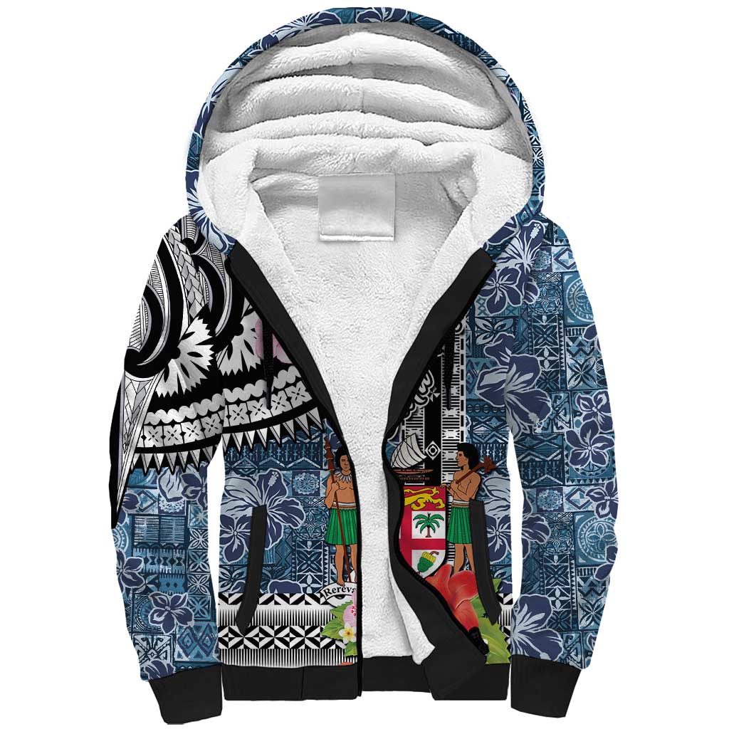 Fiji Day Sherpa Hoodie Traditional Tapa with Hibiscus and Emblems