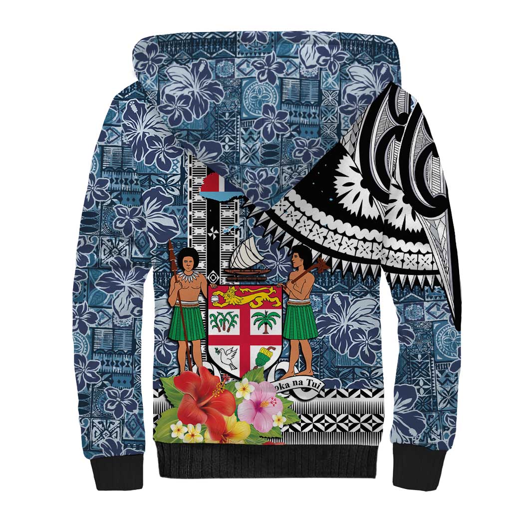 Fiji Day Sherpa Hoodie Traditional Tapa with Hibiscus and Emblems