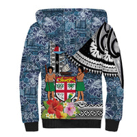 Fiji Day Sherpa Hoodie Traditional Tapa with Hibiscus and Emblems
