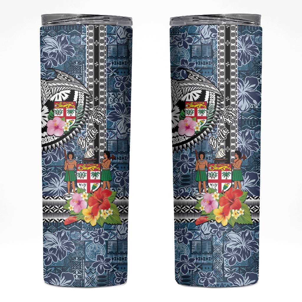 Fiji Day Skinny Tumbler Traditional Tapa with Hibiscus and Emblems