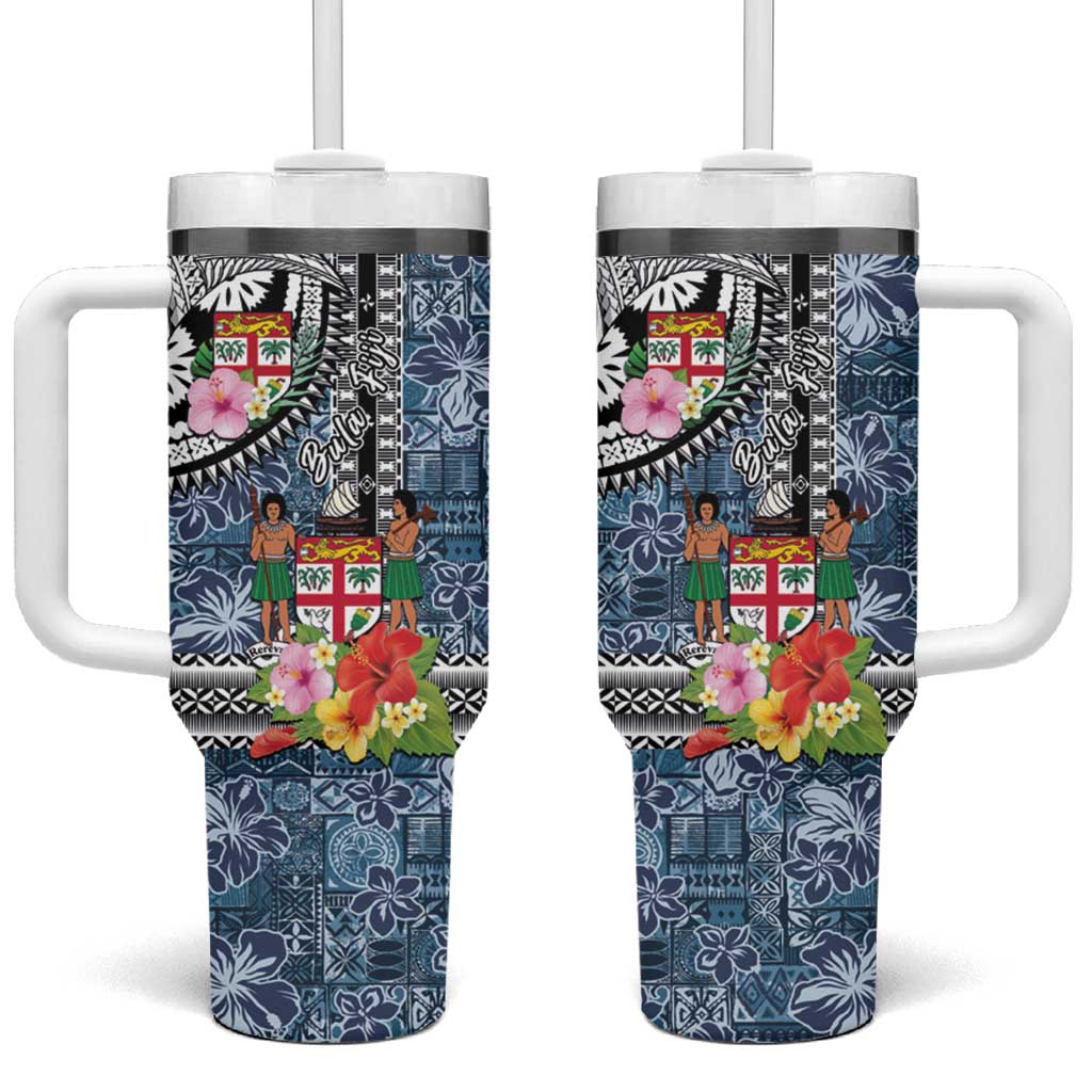 Fiji Day Tumbler With Handle Traditional Tapa with Hibiscus and Emblems LT03 One Size: 40 oz - Polynesian Pride