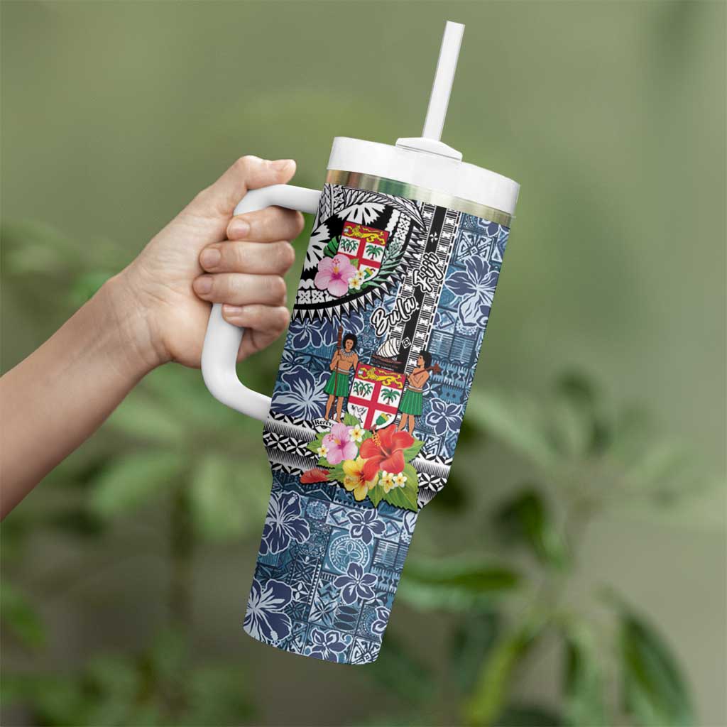Fiji Day Tumbler With Handle Traditional Tapa with Hibiscus and Emblems LT03 - Polynesian Pride
