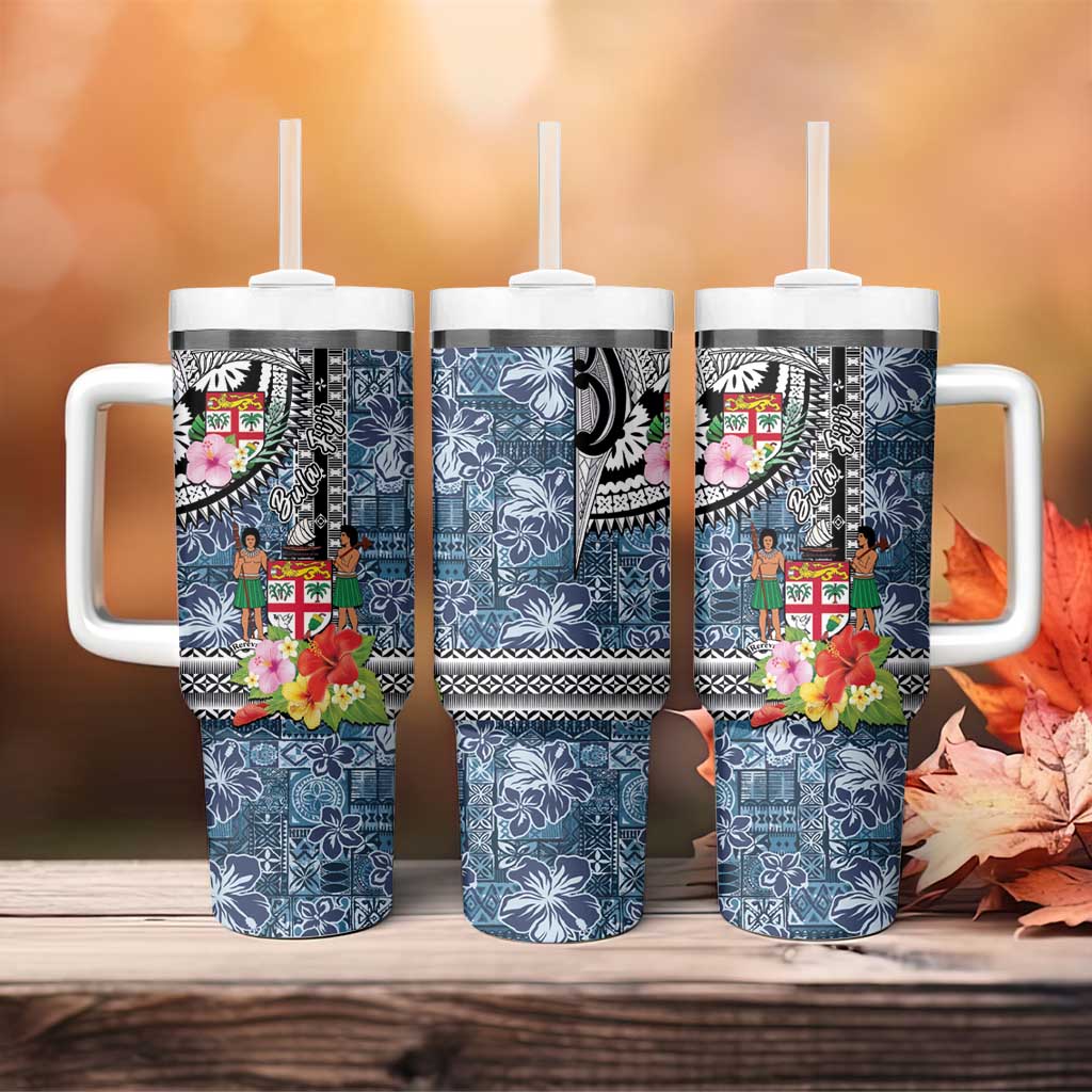 Fiji Day Tumbler With Handle Traditional Tapa with Hibiscus and Emblems LT03 - Polynesian Pride