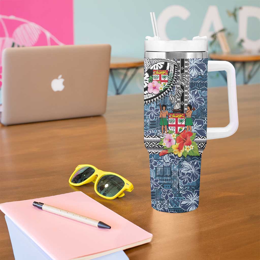 Fiji Day Tumbler With Handle Traditional Tapa with Hibiscus and Emblems LT03 - Polynesian Pride
