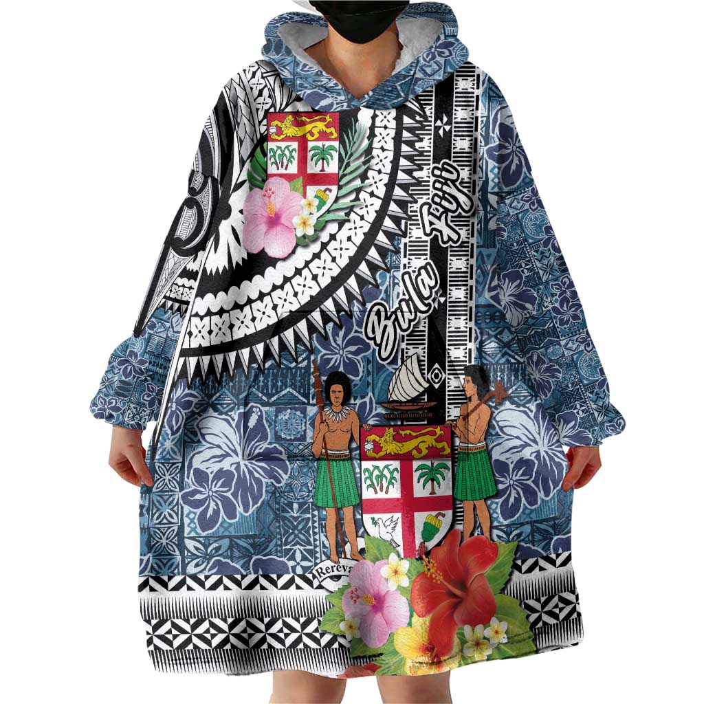 Fiji Day Wearable Blanket Hoodie Traditional Tapa with Hibiscus and Emblems