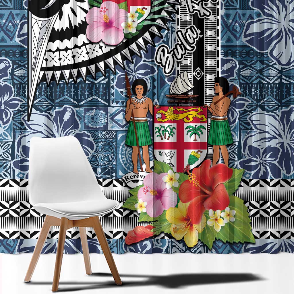 Fiji Day Window Curtain Traditional Tapa with Hibiscus and Emblems LT03 - Polynesian Pride