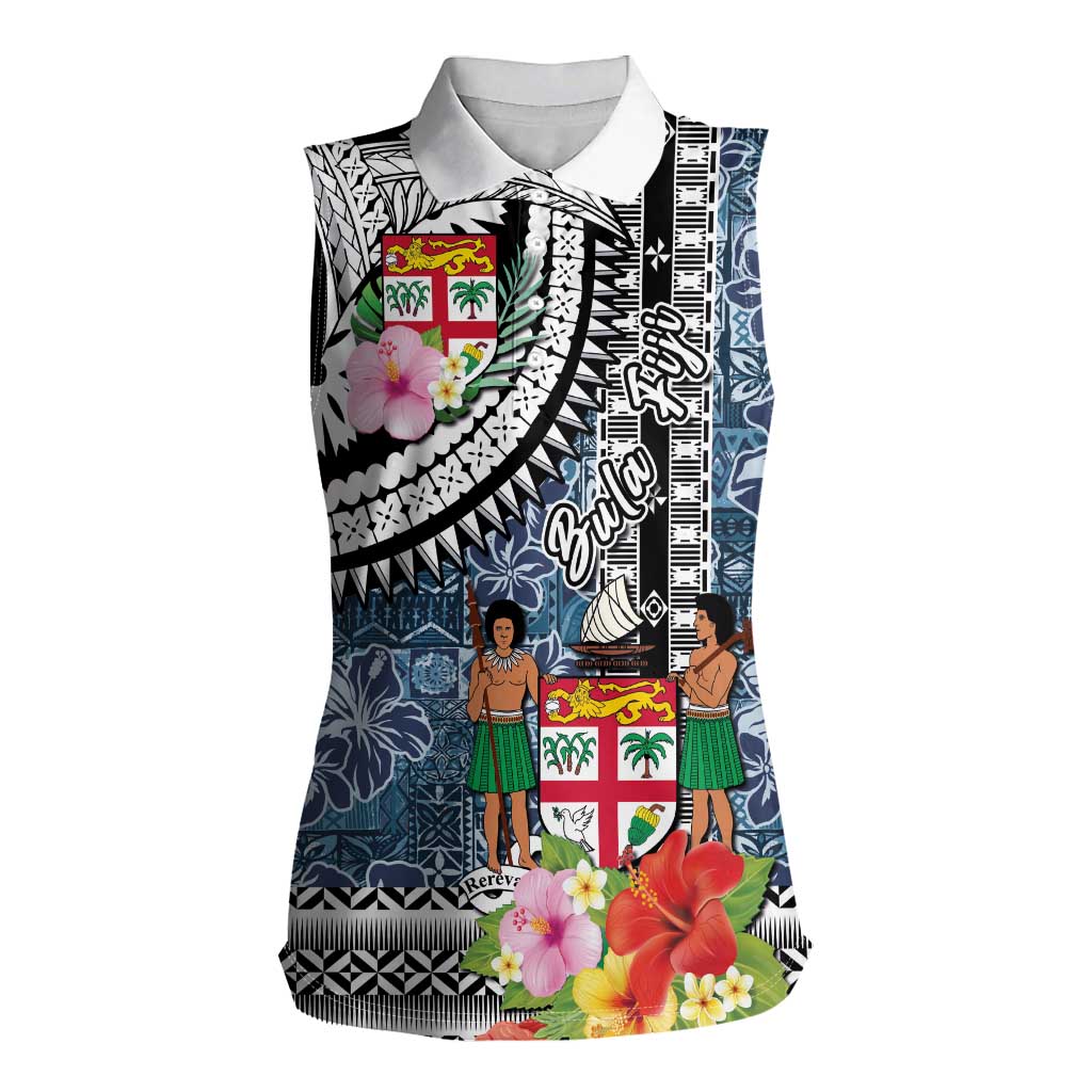 Fiji Day Women Sleeveless Polo Shirt Traditional Tapa with Hibiscus and Emblems