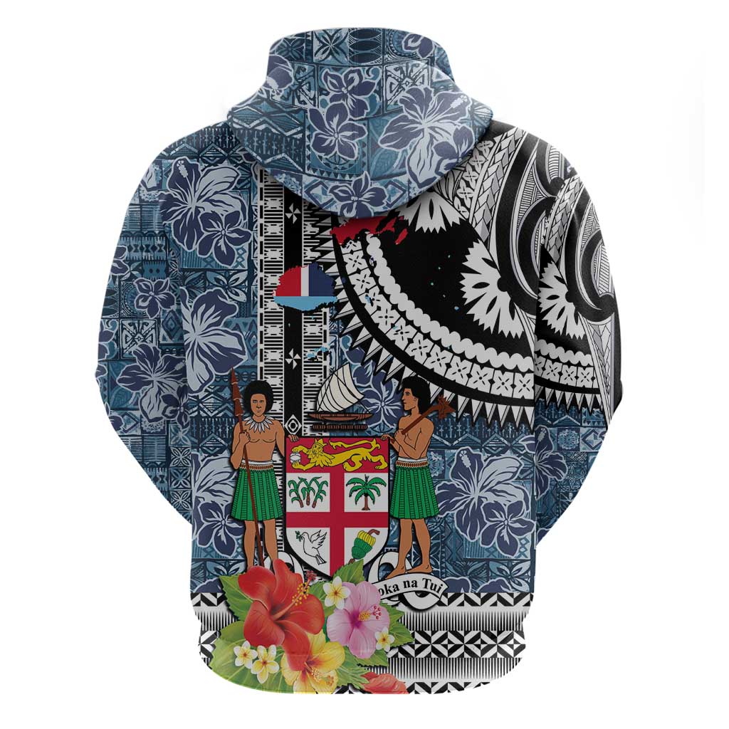 Fiji Day Zip Hoodie Traditional Tapa with Hibiscus and Emblems