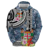 Fiji Day Zip Hoodie Traditional Tapa with Hibiscus and Emblems