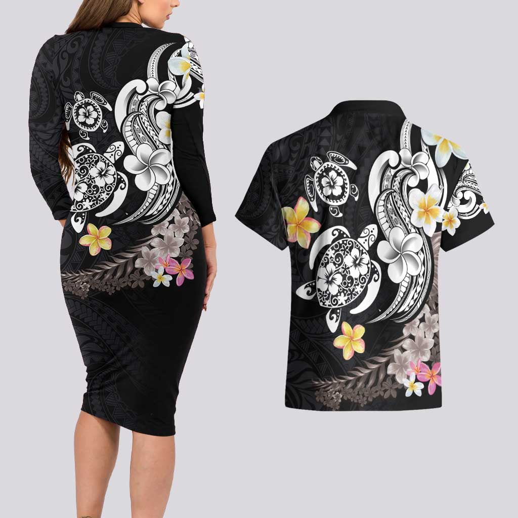 Hawaiian Tropical Plumeria Turtles Couples Matching Long Sleeve Bodycon Dress and Hawaiian Shirt Polynesian Art Tattoo