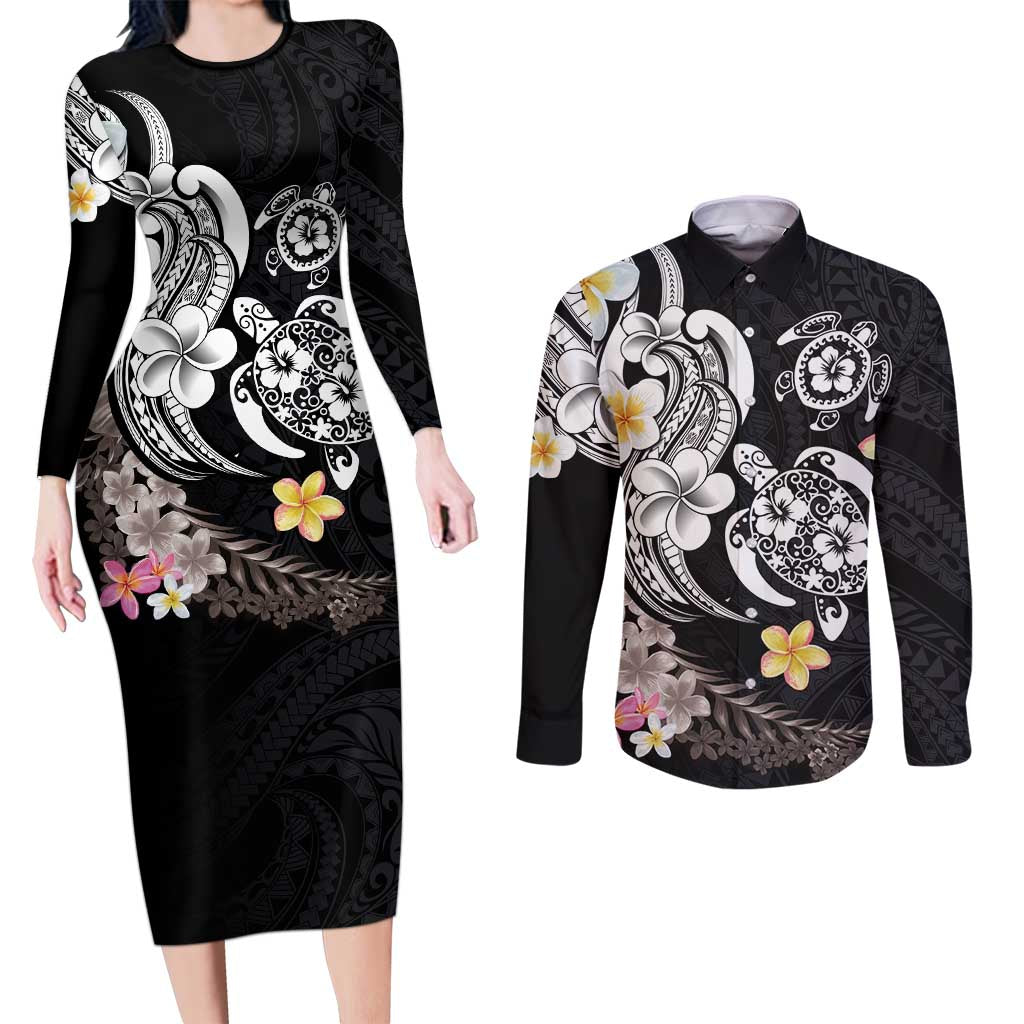 Hawaiian Tropical Plumeria Turtles Couples Matching Long Sleeve Bodycon Dress and Long Sleeve Button Shirt Polynesian Art Tattoo
