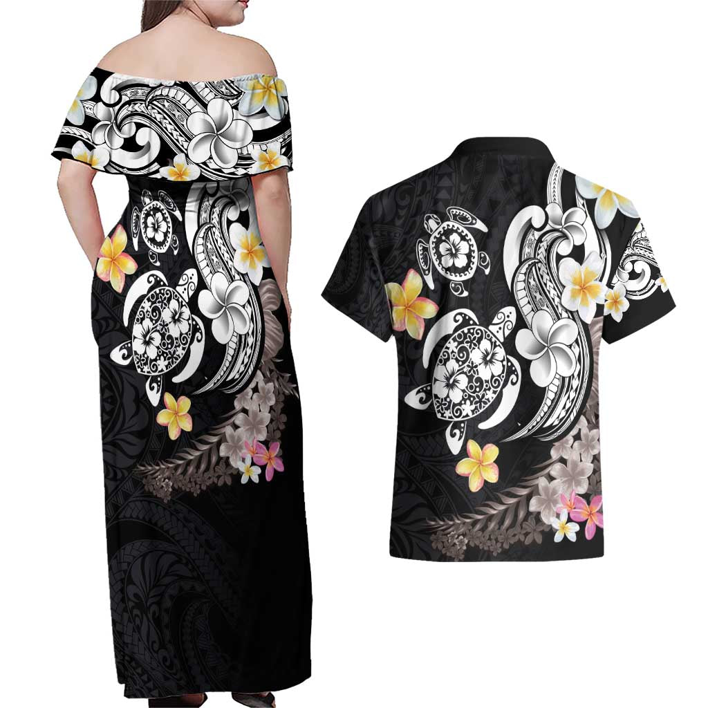 Hawaiian Tropical Plumeria Turtles Couples Matching Off Shoulder Maxi Dress and Hawaiian Shirt Polynesian Art Tattoo