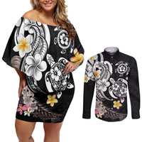 Hawaiian Tropical Plumeria Turtles Couples Matching Off Shoulder Short Dress and Long Sleeve Button Shirt Polynesian Art Tattoo