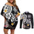 Hawaiian Tropical Plumeria Turtles Couples Matching Off Shoulder Short Dress and Long Sleeve Button Shirt Polynesian Art Tattoo