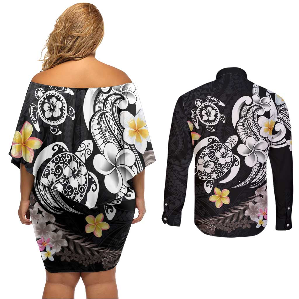 Hawaiian Tropical Plumeria Turtles Couples Matching Off Shoulder Short Dress and Long Sleeve Button Shirt Polynesian Art Tattoo