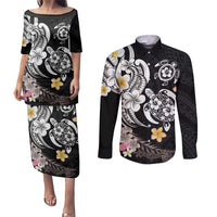 Hawaiian Tropical Plumeria Turtles Couples Matching Puletasi and Long Sleeve Button Shirt Polynesian Art Tattoo