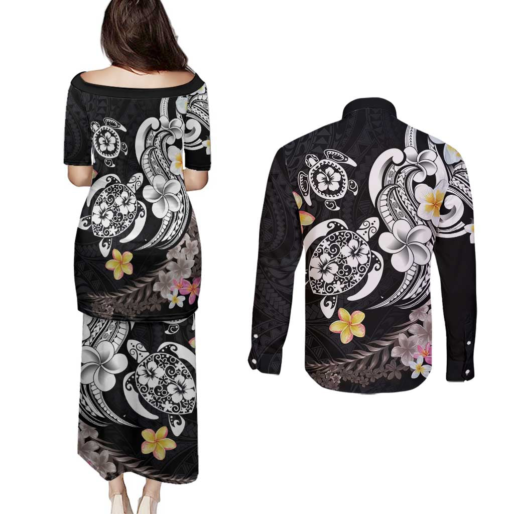 Hawaiian Tropical Plumeria Turtles Couples Matching Puletasi and Long Sleeve Button Shirt Polynesian Art Tattoo