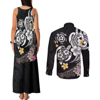 Hawaiian Tropical Plumeria Turtles Couples Matching Tank Maxi Dress and Long Sleeve Button Shirt Polynesian Art Tattoo