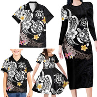 Hawaiian Tropical Plumeria Turtles Family Matching Long Sleeve Bodycon Dress and Hawaiian Shirt Polynesian Art Tattoo