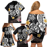 Hawaiian Tropical Plumeria Turtles Family Matching Off Shoulder Short Dress and Hawaiian Shirt Polynesian Art Tattoo