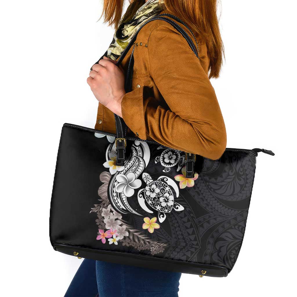Hawaiian Tropical Plumeria Turtles Leather Tote Bag Polynesian Art Tattoo