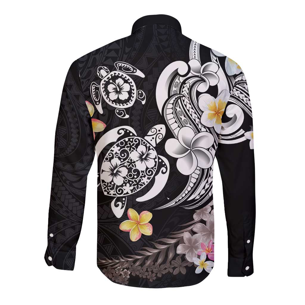 Hawaiian Tropical Plumeria Turtles Long Sleeve Button Shirt Polynesian Art Tattoo