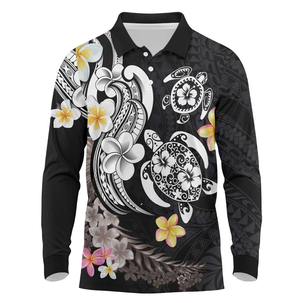 Hawaiian Tropical Plumeria Turtles Long Sleeve Polo Shirt Polynesian Art Tattoo