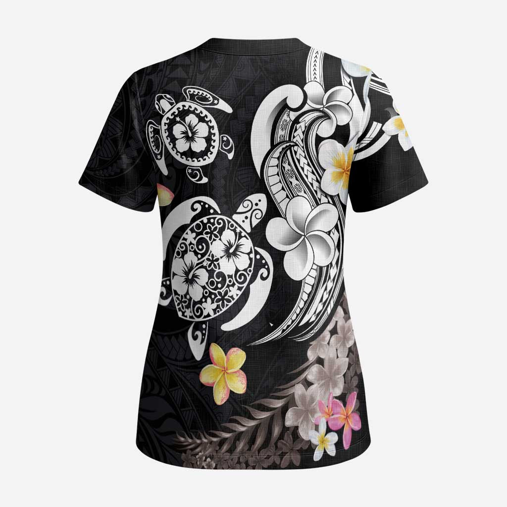 Hawaiian Tropical Plumeria Turtles Scrub Top Polynesian Art Tattoo - Polynesian Pride