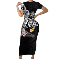 Hawaiian Tropical Plumeria Turtles Short Sleeve Bodycon Dress Polynesian Art Tattoo