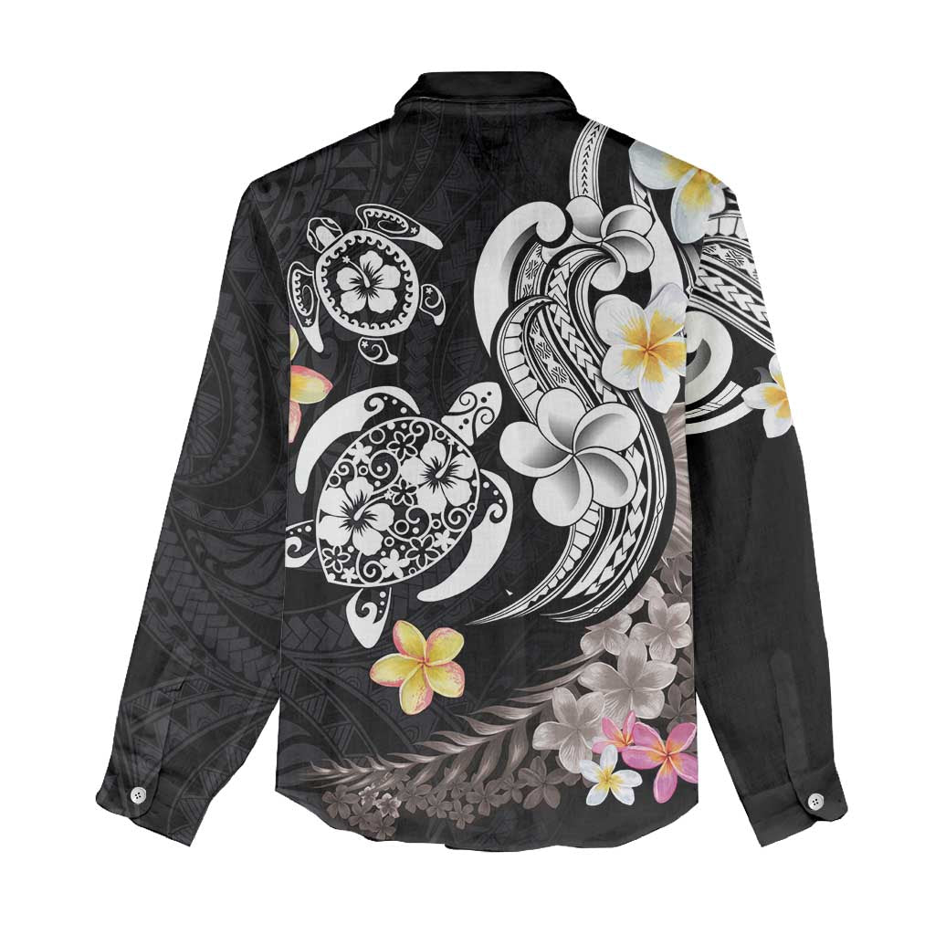 Hawaiian Tropical Plumeria Turtles Women Casual Shirt Polynesian Art Tattoo