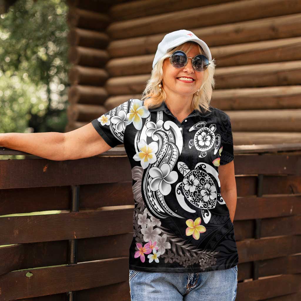 Hawaiian Tropical Plumeria Turtles Women Polo Shirt Polynesian Art Tattoo