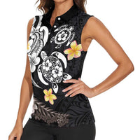 Hawaiian Tropical Plumeria Turtles Women Sleeveless Polo Shirt Polynesian Art Tattoo