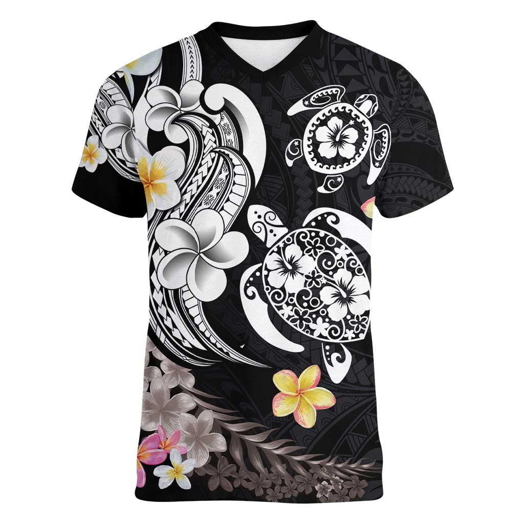 Hawaiian Tropical Plumeria Turtles Women V-Neck T-Shirt Polynesian Art Tattoo