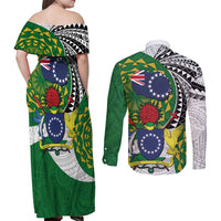 Cook Islands Independence Day Couples Matching Off Shoulder Maxi Dress and Long Sleeve Button Shirt National Flag and Emblem with Tatau Tattoo LT03 - Polynesian Pride
