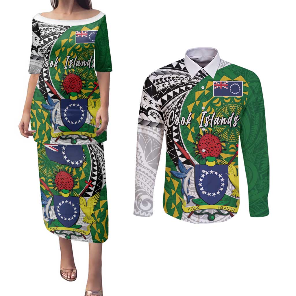 Cook Islands Independence Day Couples Matching Puletasi and Long Sleeve Button Shirt National Flag and Emblem with Tatau Tattoo