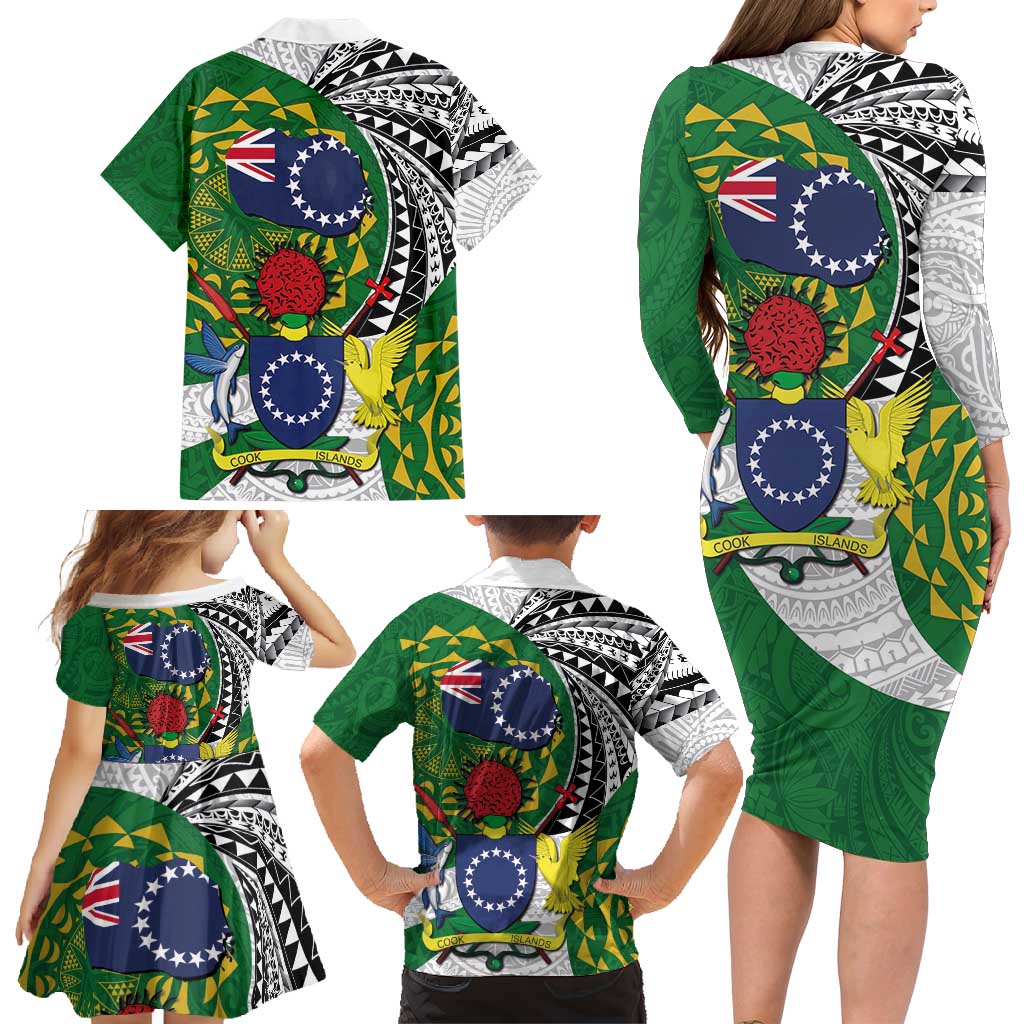 Cook Islands Independence Day Family Matching Long Sleeve Bodycon Dress and Hawaiian Shirt National Flag and Emblem with Tatau Tattoo LT03 - Polynesian Pride