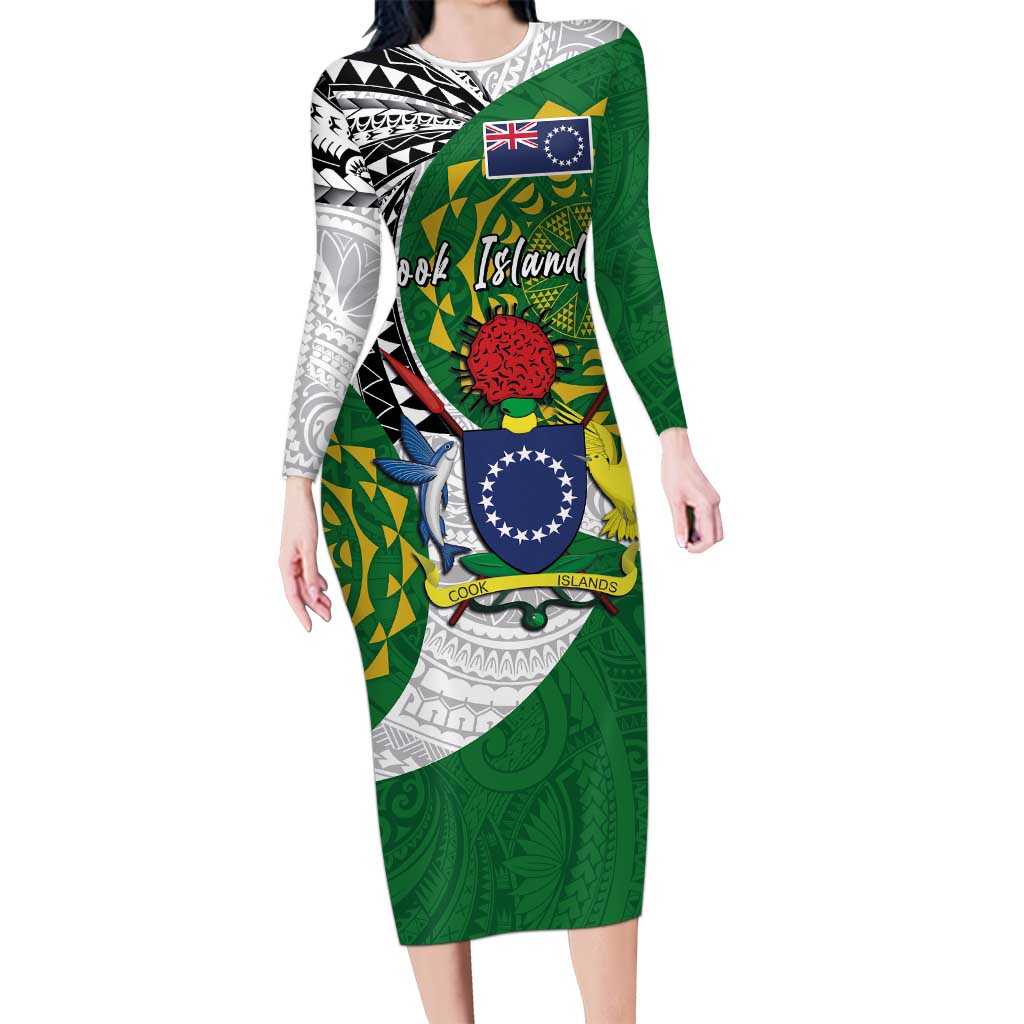 Cook Islands Independence Day Family Matching Long Sleeve Bodycon Dress and Hawaiian Shirt National Flag and Emblem with Tatau Tattoo LT03 Mom's Dress - Polynesian Pride