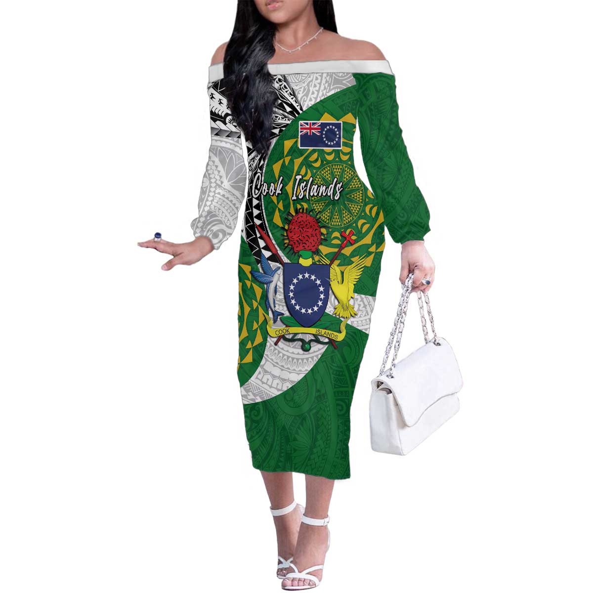 Cook Islands Independence Day Family Matching Off The Shoulder Long Sleeve Dress and Hawaiian Shirt National Flag and Emblem with Tatau Tattoo