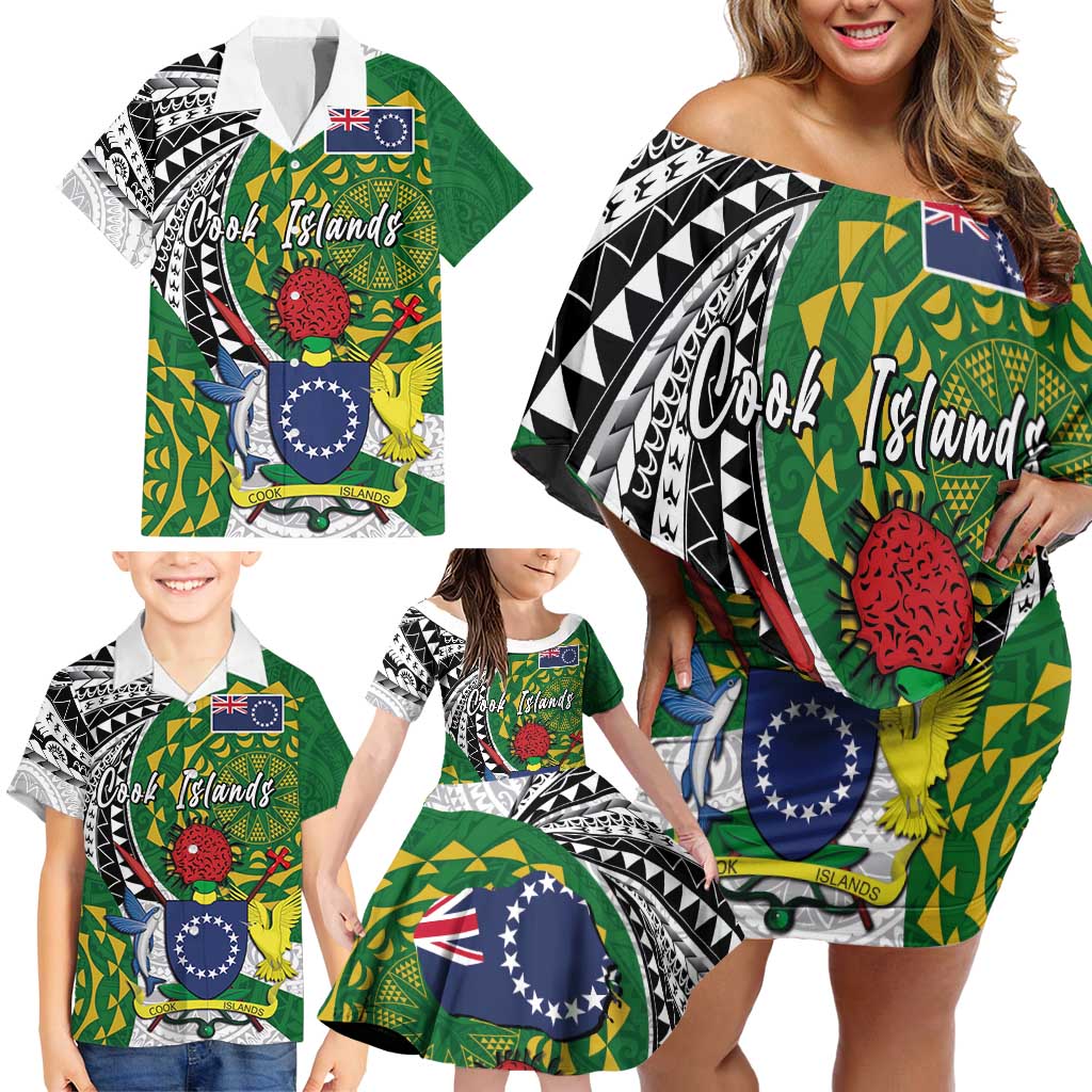 Cook Islands Independence Day Family Matching Off Shoulder Short Dress and Hawaiian Shirt National Flag and Emblem with Tatau Tattoo