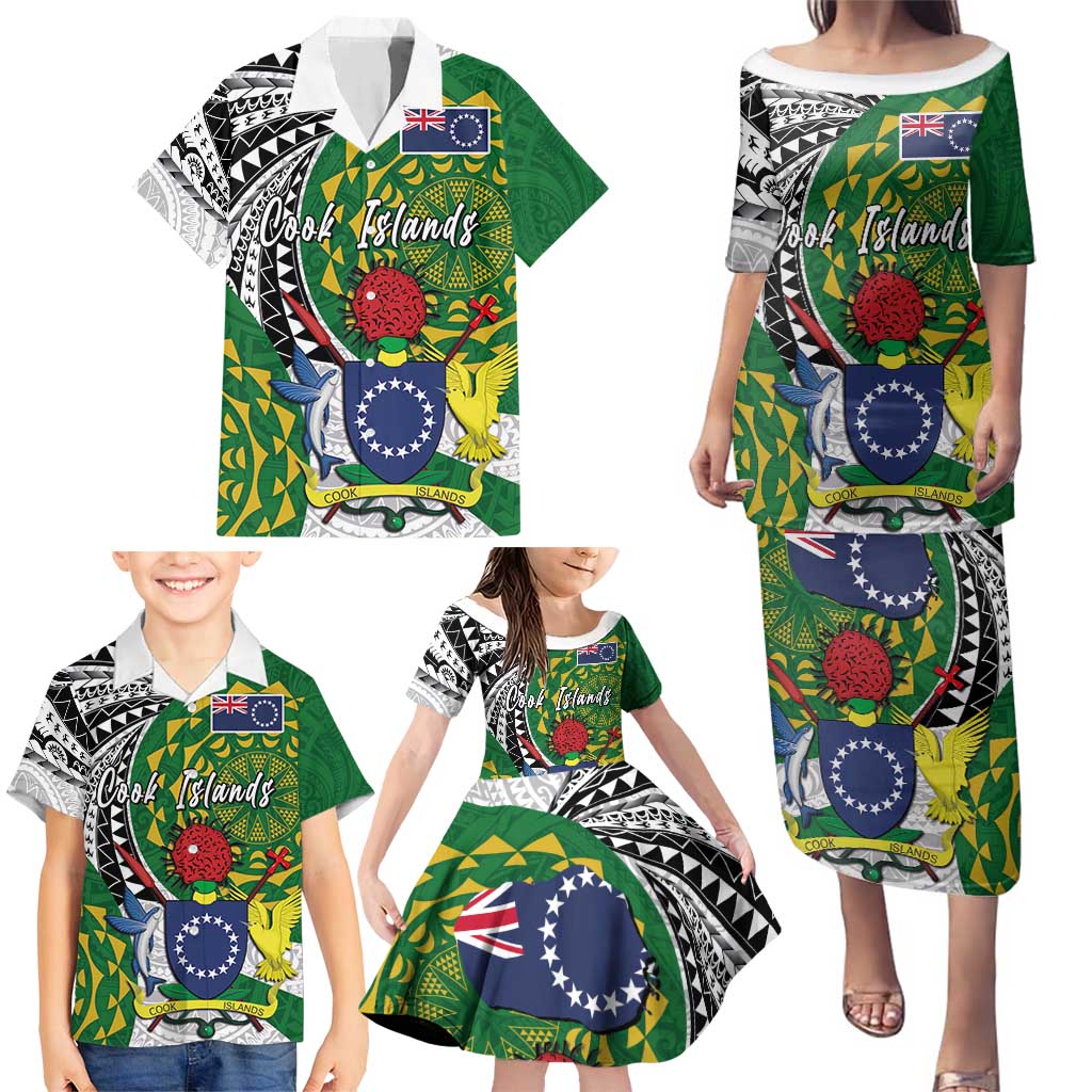 Cook Islands Independence Day Family Matching Puletasi and Hawaiian Shirt National Flag and Emblem with Tatau Tattoo LT03 - Polynesian Pride