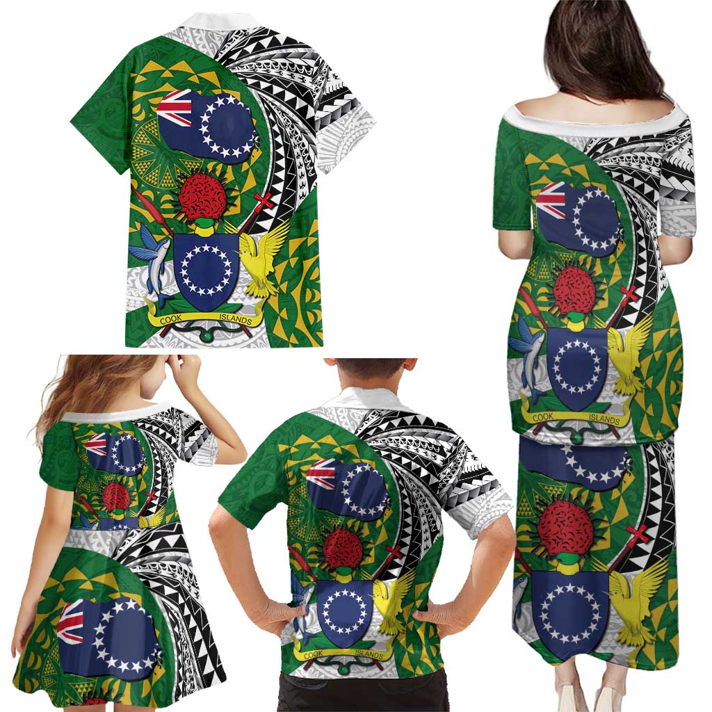 Cook Islands Independence Day Family Matching Puletasi and Hawaiian Shirt National Flag and Emblem with Tatau Tattoo LT03 - Polynesian Pride