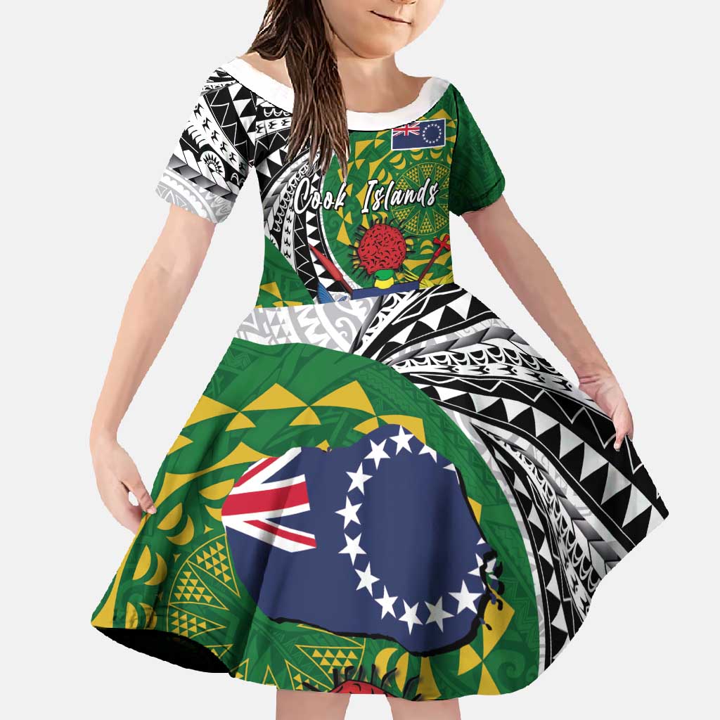 Cook Islands Independence Day Family Matching Short Sleeve Bodycon Dress and Hawaiian Shirt National Flag and Emblem with Tatau Tattoo LT03 Daughter's Dress - Polynesian Pride