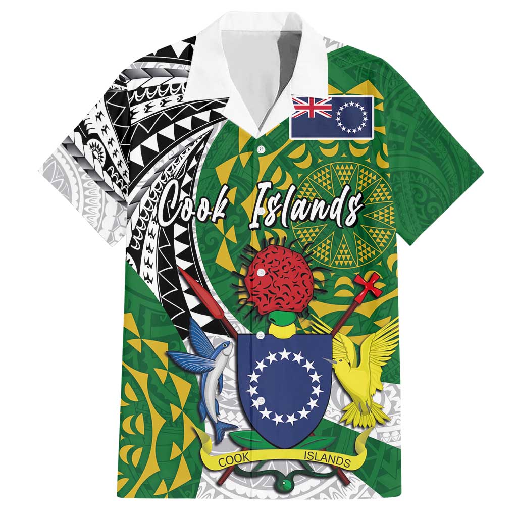 Cook Islands Independence Day Family Matching Short Sleeve Bodycon Dress and Hawaiian Shirt National Flag and Emblem with Tatau Tattoo LT03 Dad's Shirt - Short Sleeve - Polynesian Pride