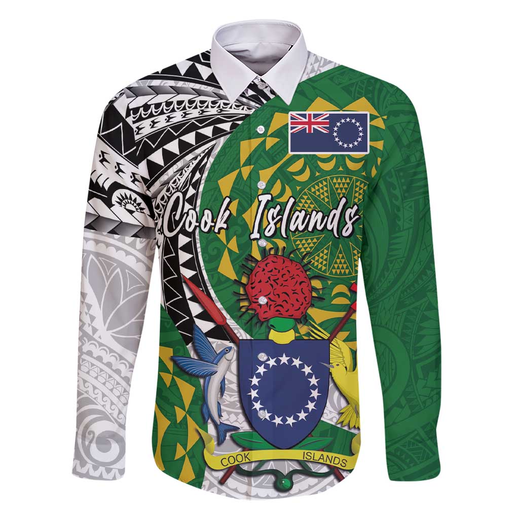 Cook Islands Independence Day Family Matching Short Sleeve Bodycon Dress and Hawaiian Shirt National Flag and Emblem with Tatau Tattoo LT03 Dad's Shirt - Long Sleeve - Polynesian Pride