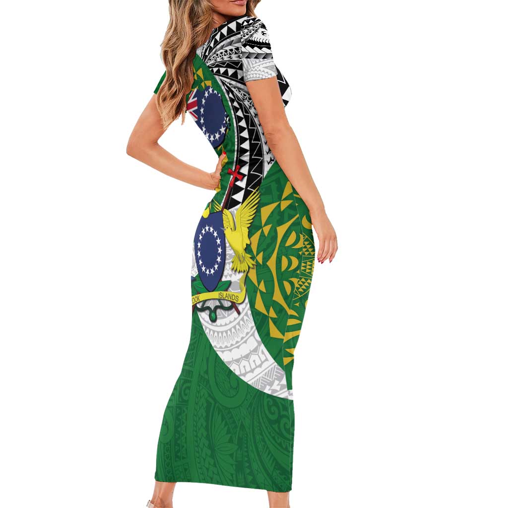 Cook Islands Independence Day Family Matching Short Sleeve Bodycon Dress and Hawaiian Shirt National Flag and Emblem with Tatau Tattoo LT03 - Polynesian Pride