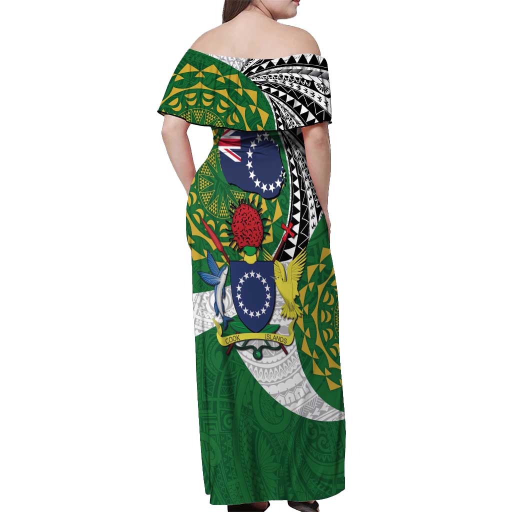 Cook Islands Independence Day Off Shoulder Maxi Dress National Flag and Emblem with Tatau Tattoo