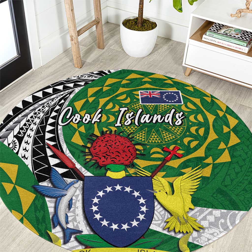 Cook Islands Independence Day Round Carpet National Flag and Emblem with Tatau Tattoo