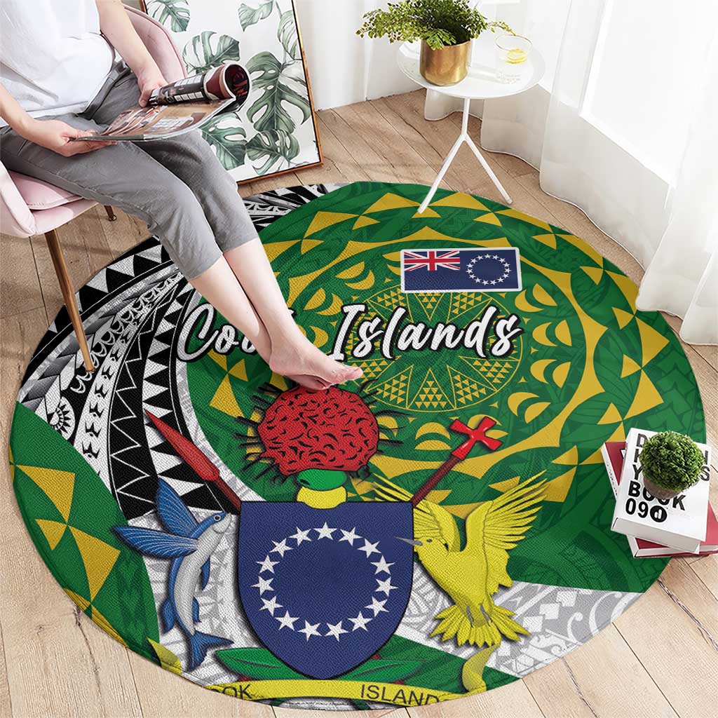 Cook Islands Independence Day Round Carpet National Flag and Emblem with Tatau Tattoo